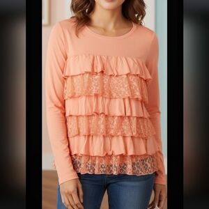 NWOT Top Blouse Tiered Front Lace ruffles, cotton modal, Long Sleeve,sz L.
